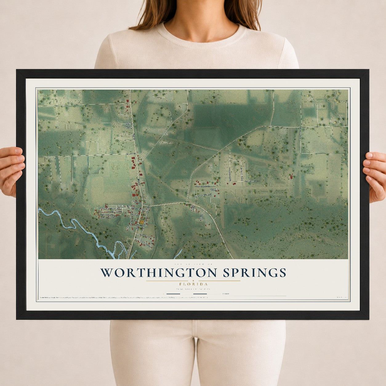 Worthington Springs, Florida map print, 18" x 24" W/ Black Ayous Wood Frame mockup