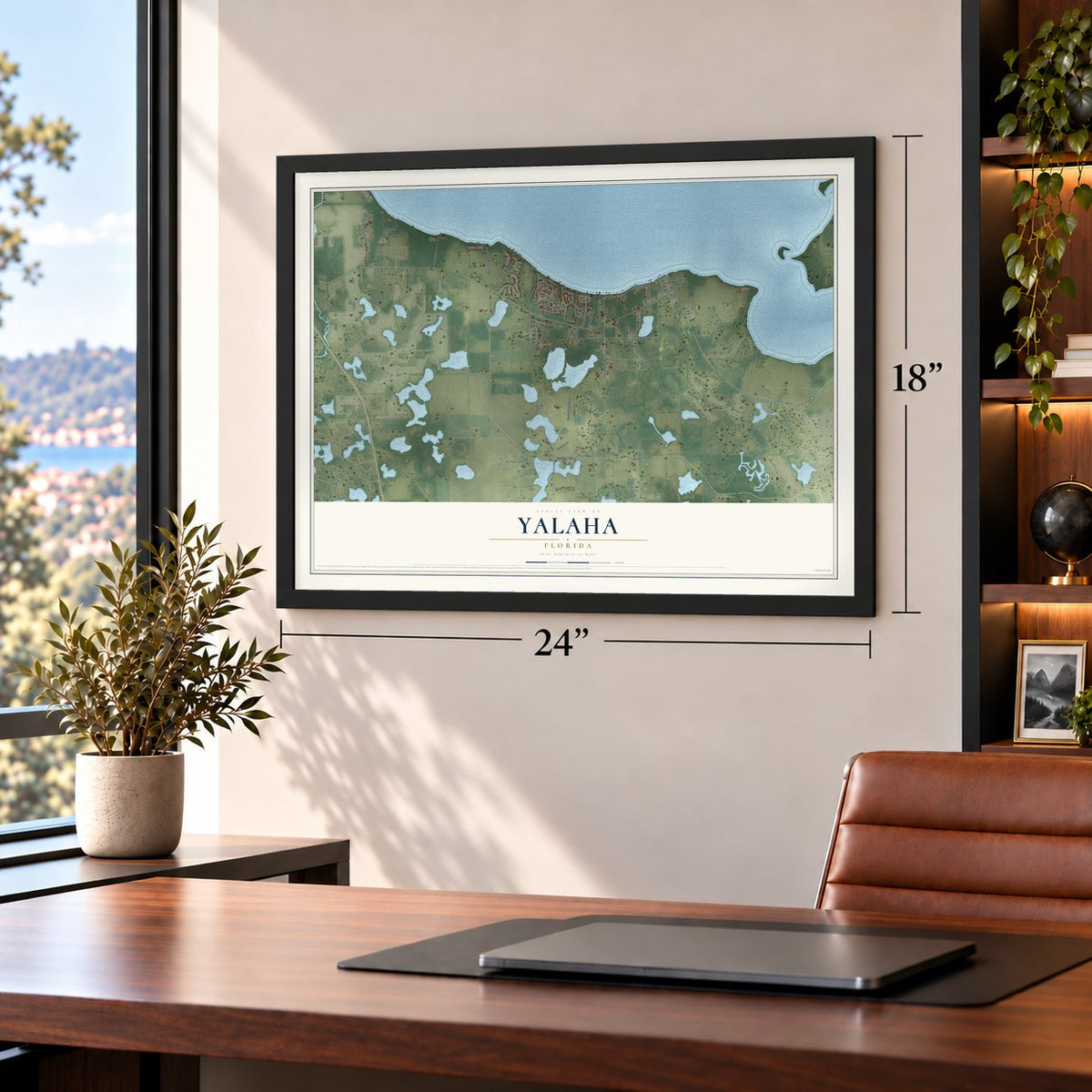 Yalaha, Florida map, 18 x 24 inch print in a black frame in a home office
