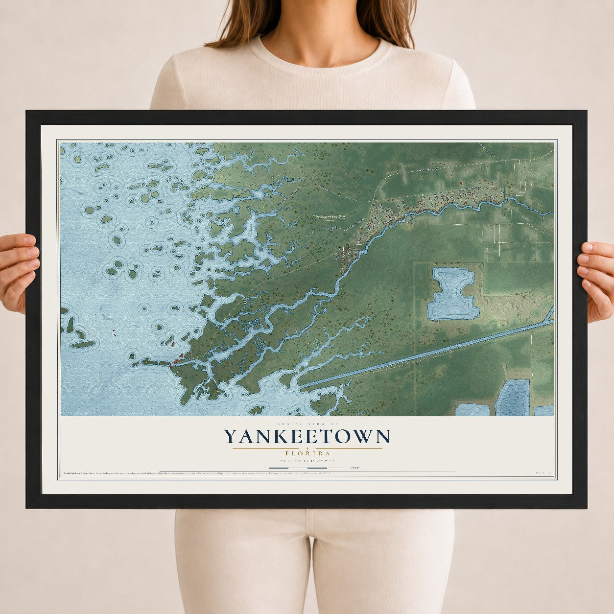 Yankeetown, Florida map print, 18" x 24" W/ Black Ayous Wood Frame mockup