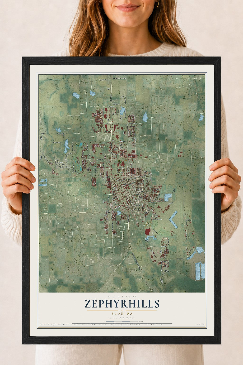 Zephyrhills, Florida map print, 18" x 24" W/ Black Ayous Wood Frame mockup
