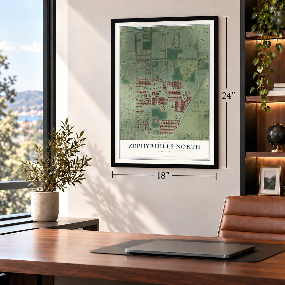 Zephyrhills North, Florida map, 18 x 24 inch print in a black frame in a home office