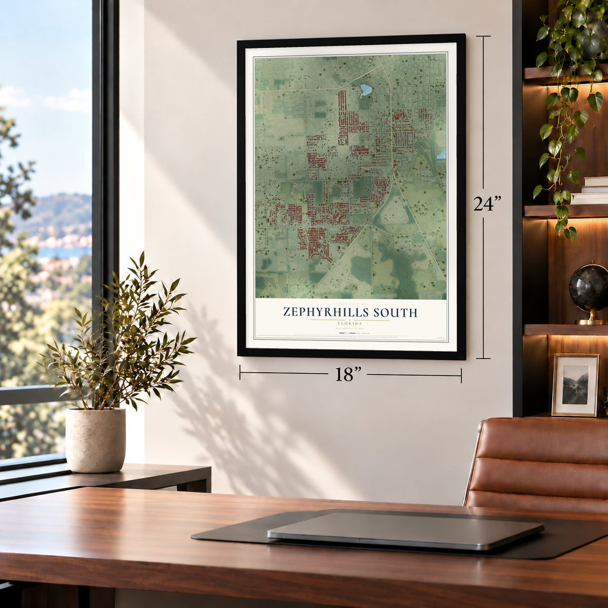 Zephyrhills South, Florida map, 18 x 24 inch print in a black frame in a home office