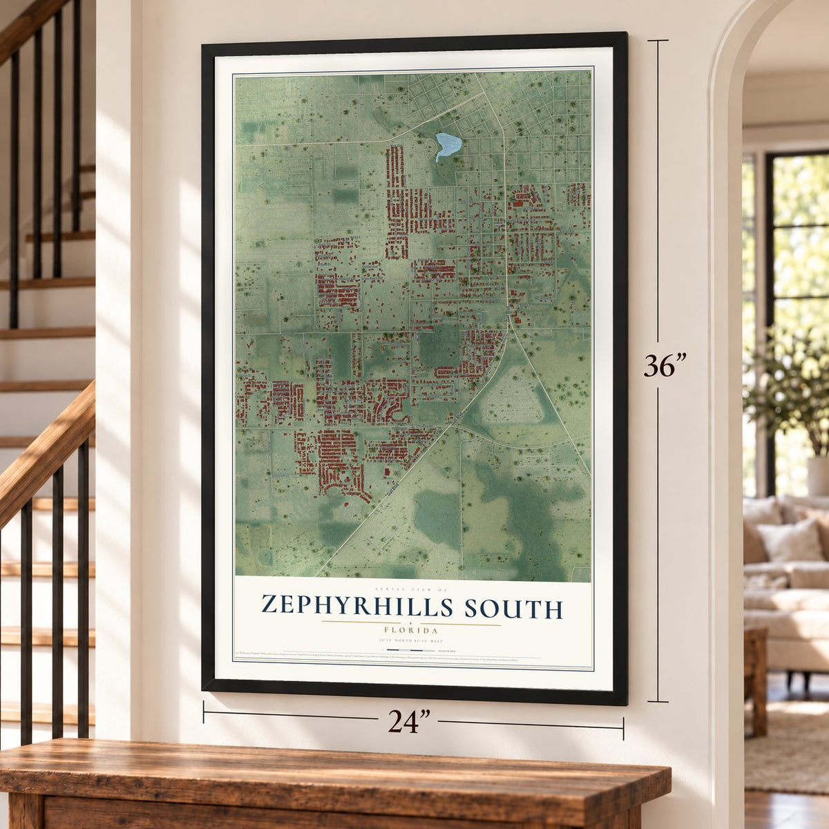 Zephyrhills South, Florida map, 24 x 36 inch print in a black frame by a staircase