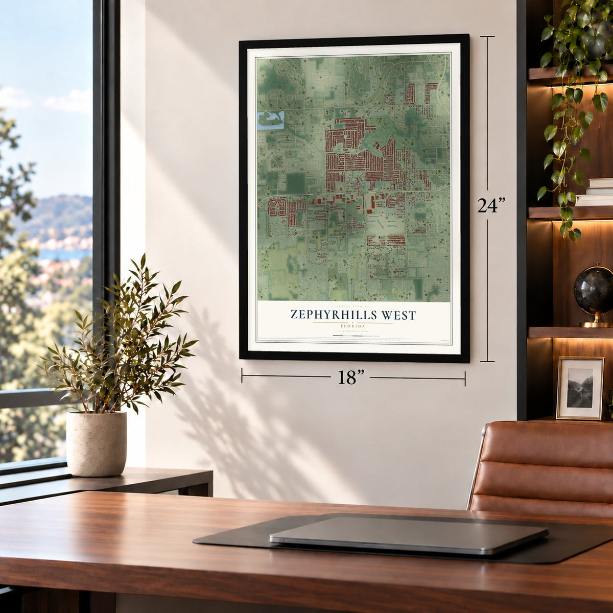 Zephyrhills West, Florida map, 18 x 24 inch print in a black frame in a home office