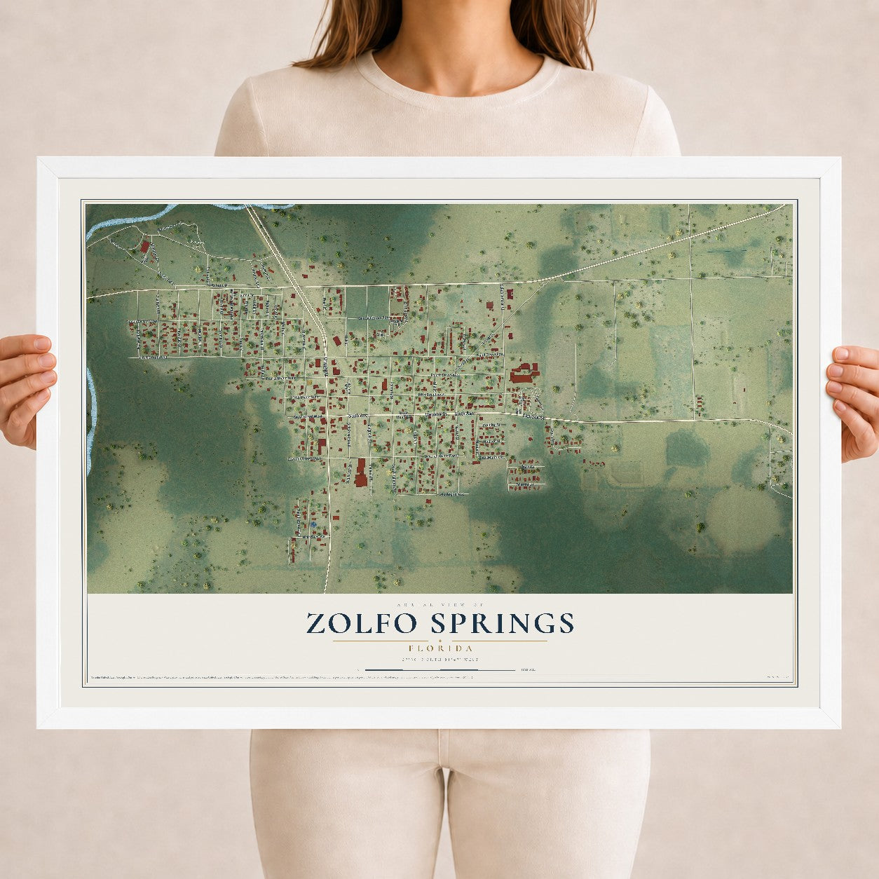Zolfo Springs, Florida map print, 18" x 24" W/ White Ayous Wood Frame mockup