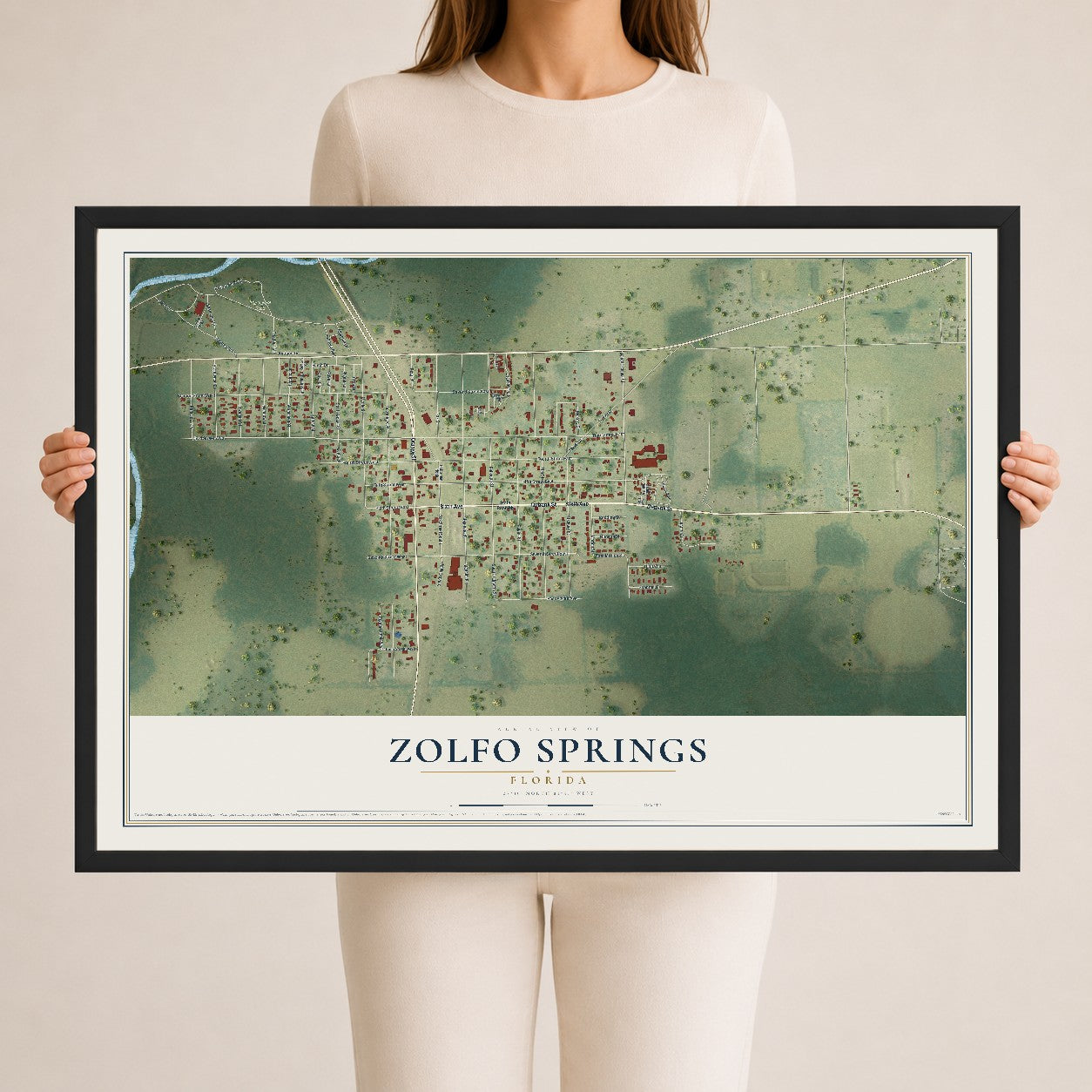 Zolfo Springs, Florida map print, 24" x 36" W/ Black Ayous Wood Frame mockup