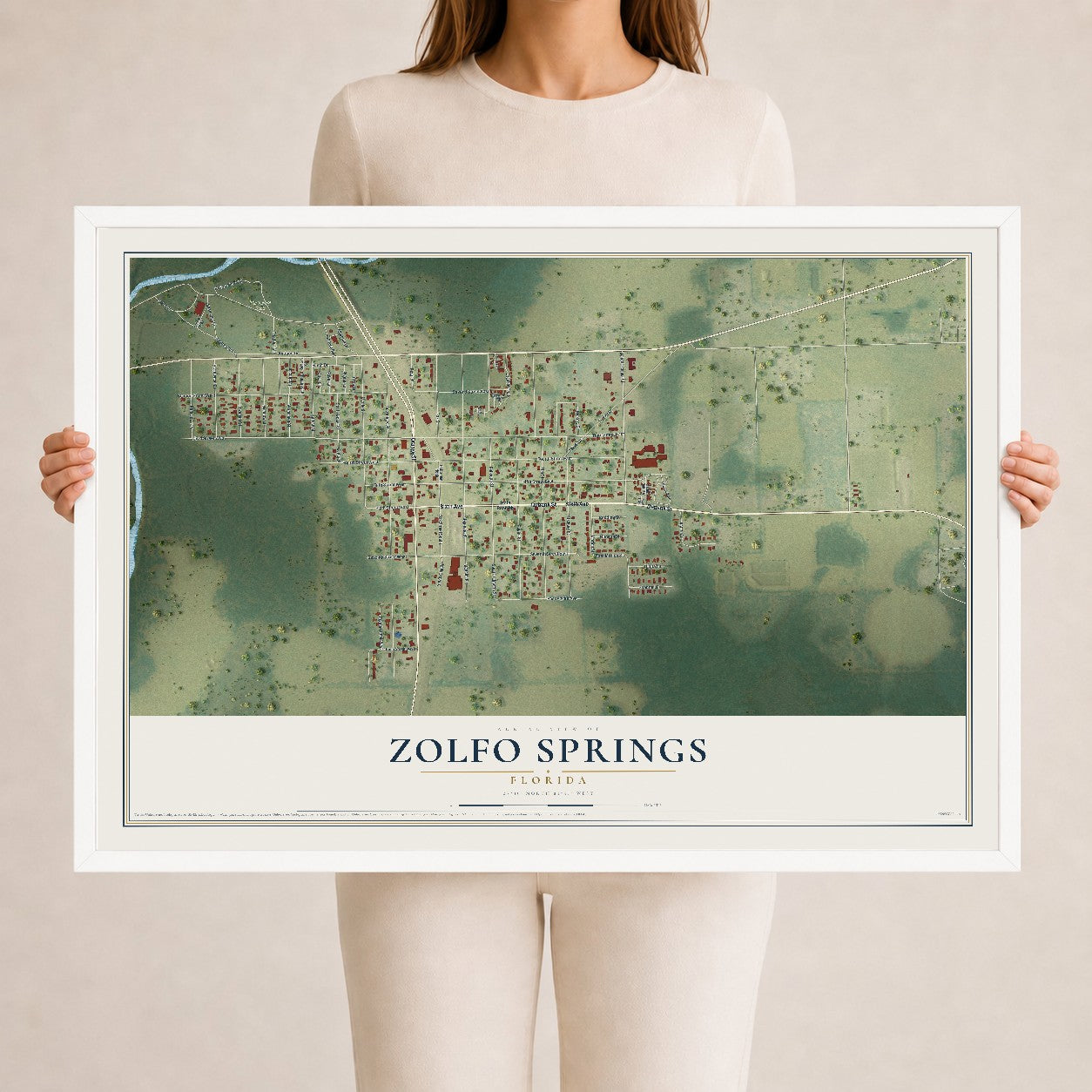 Zolfo Springs, Florida map print, 24" x 36" W/ White Ayous Wood Frame mockup