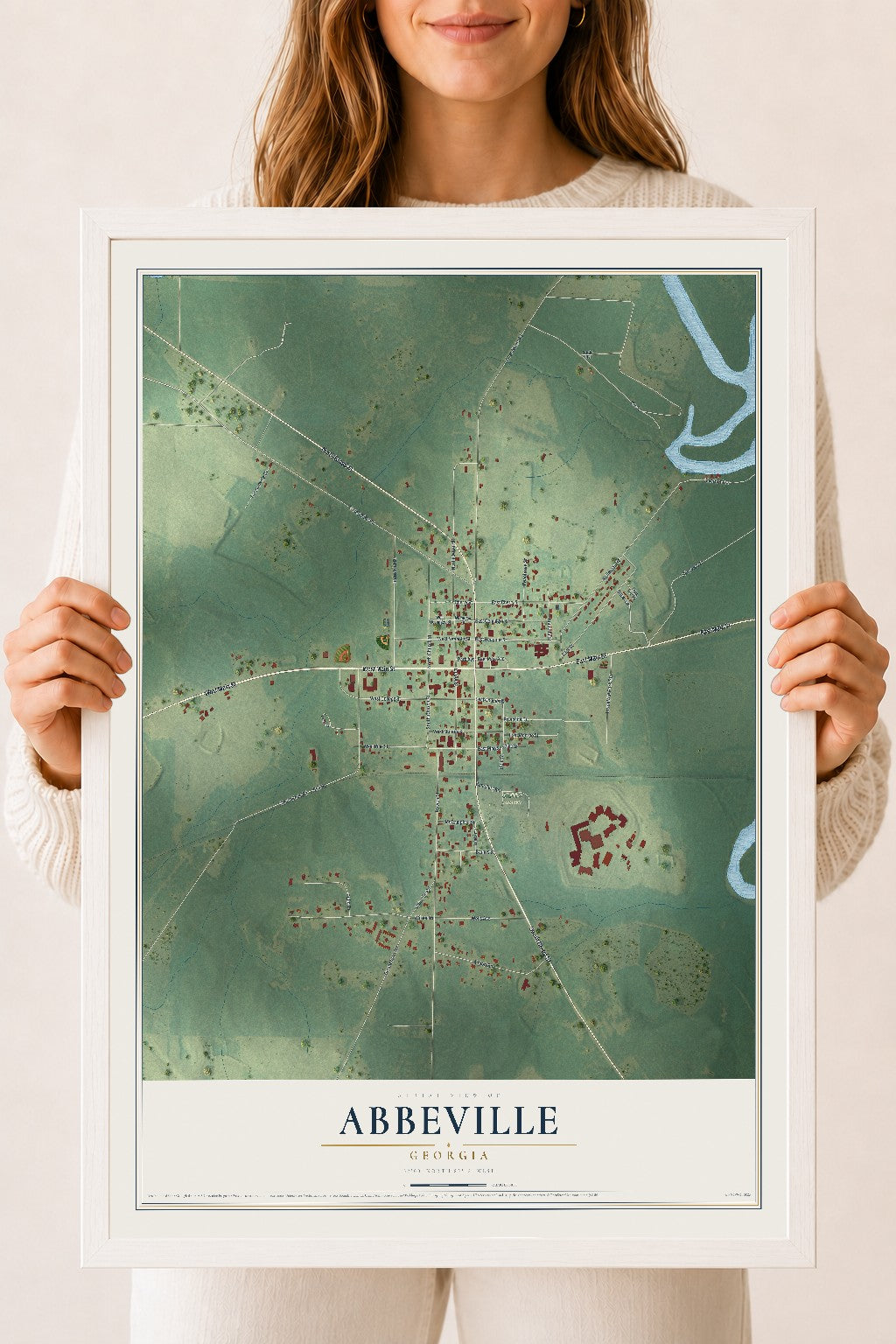 Abbeville, Georgia map print, 18" x 24" W/ White Ayous Wood Frame mockup