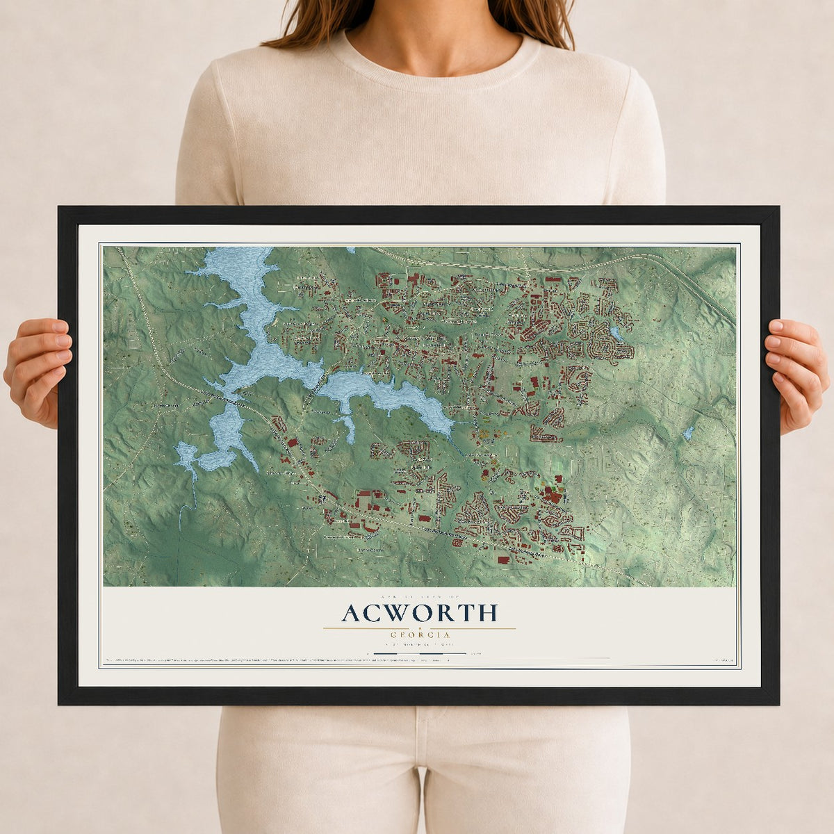Acworth, Georgia map print, 12" x 18" W/ Black Ayous Wood Frame mockup