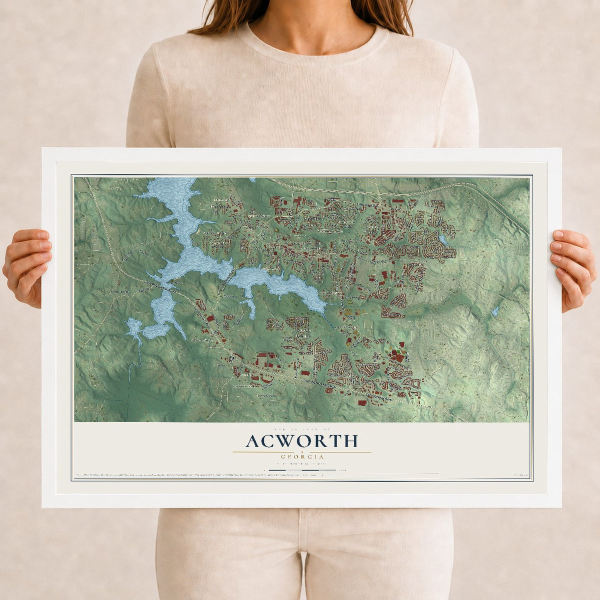 Acworth, Georgia map print, 12" x 18" W/ White Ayous Wood Frame mockup