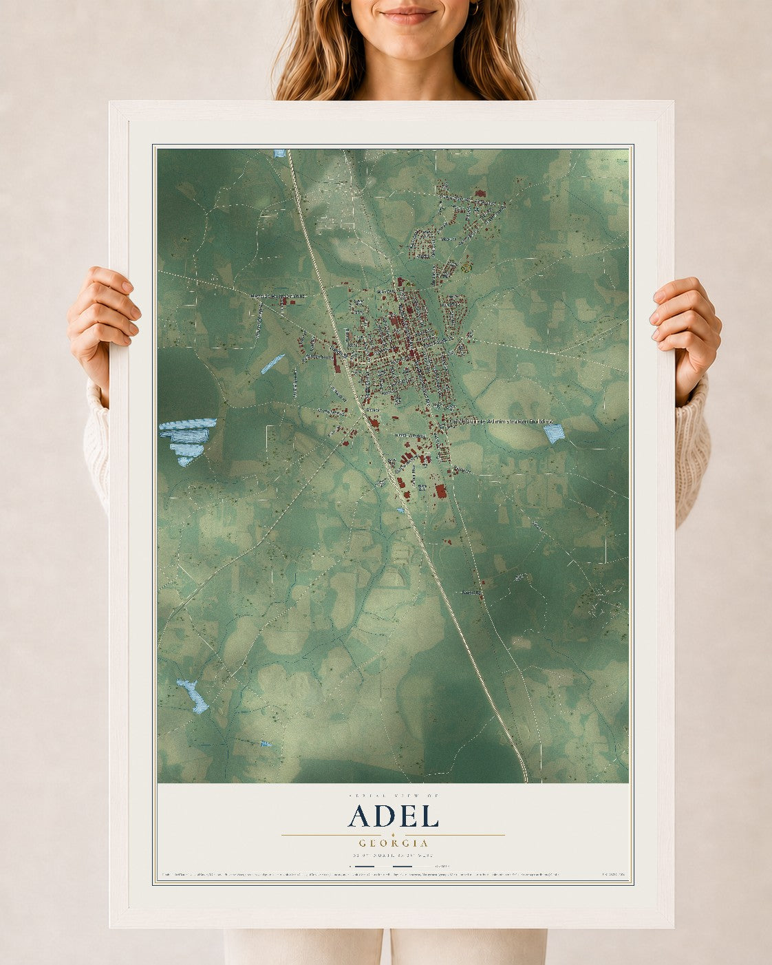 Adel, Georgia map print, 24" x 36" W/ White Ayous Wood Frame mockup