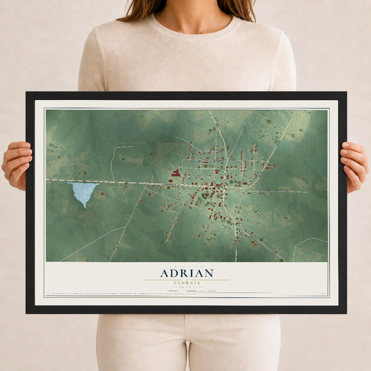 Adrian, Georgia map print, 12" x 18" W/ Black Ayous Wood Frame mockup