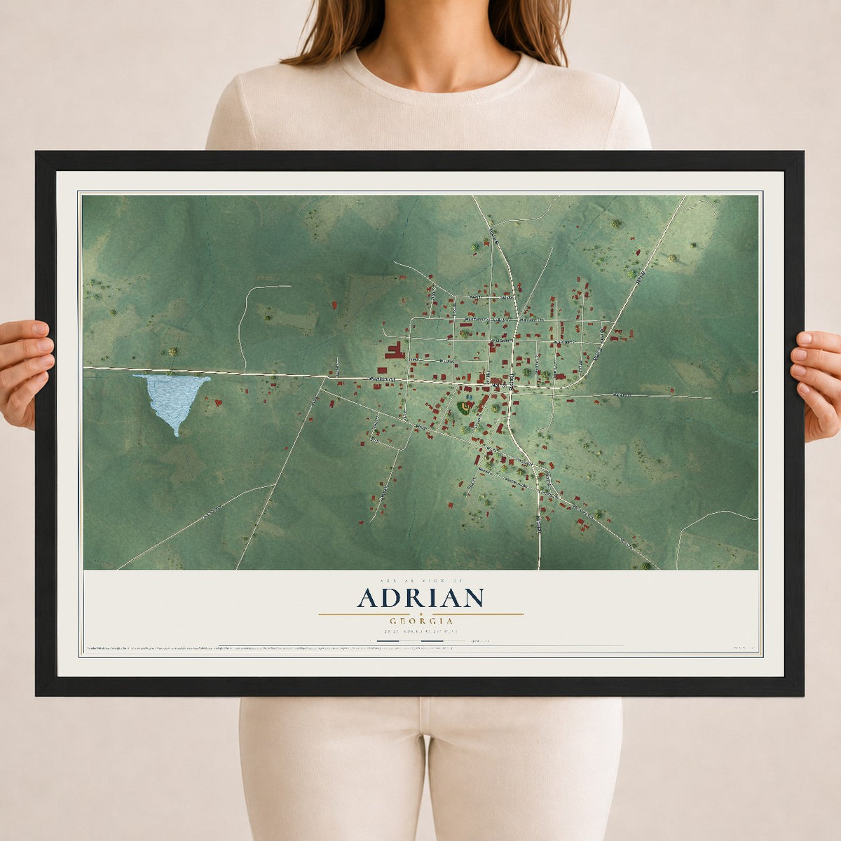 Adrian, Georgia map print, 18" x 24" W/ Black Ayous Wood Frame mockup