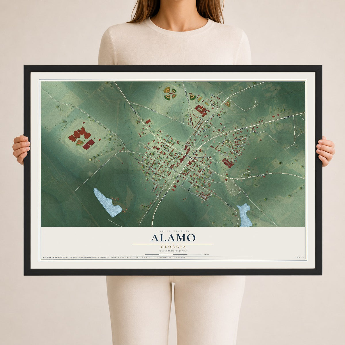 Alamo, Georgia map print, 24" x 36" W/ Black Ayous Wood Frame mockup