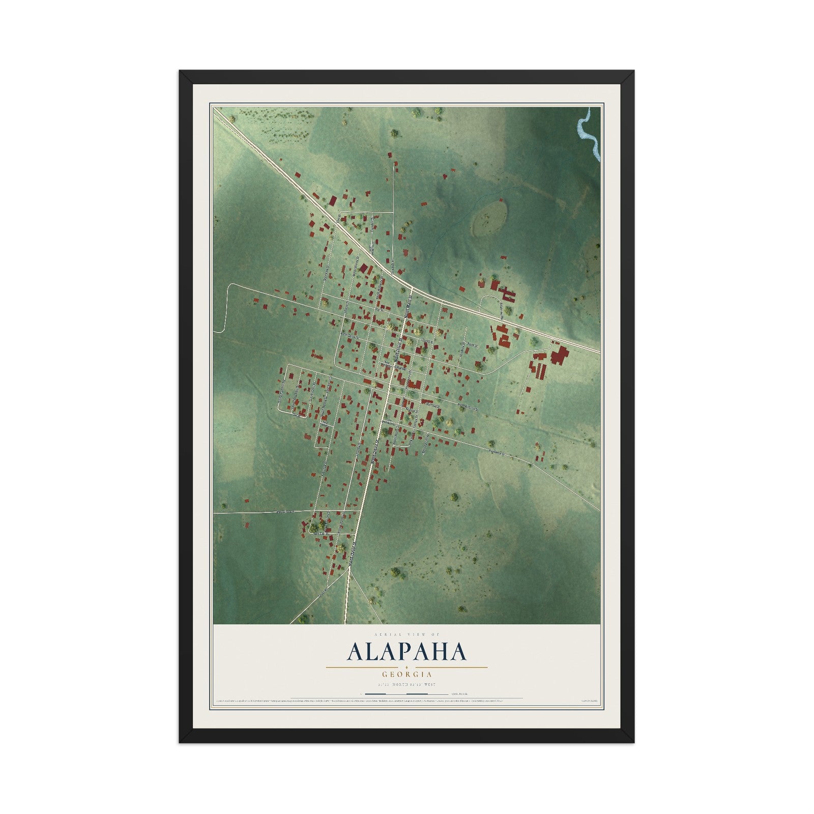 Alapaha, Georgia map print, 12" x 18" W/ Black Ayous Wood Frame mockup