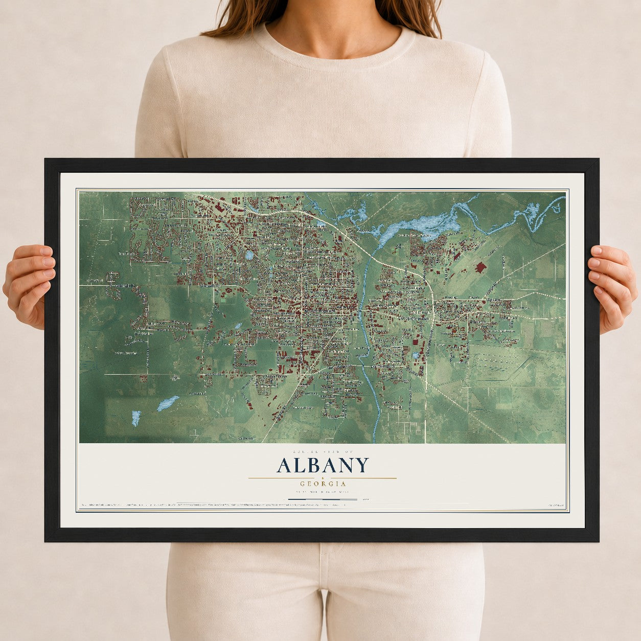 Albany, Georgia map print, 12" x 18" W/ Black Ayous Wood Frame mockup