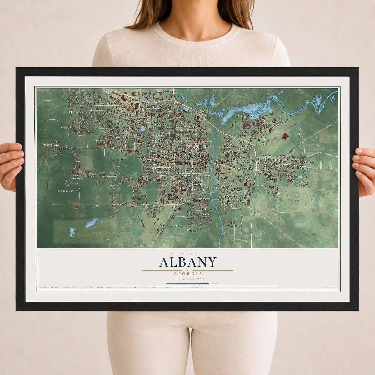 Albany, Georgia map print, 18" x 24" W/ Black Ayous Wood Frame mockup