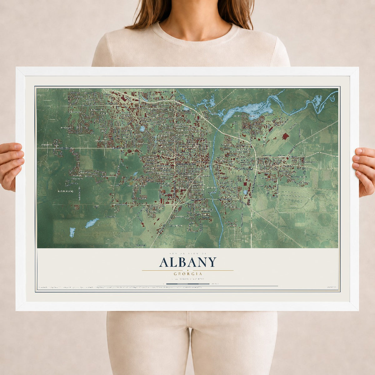 Albany, Georgia map print, 18" x 24" W/ White Ayous Wood Frame mockup