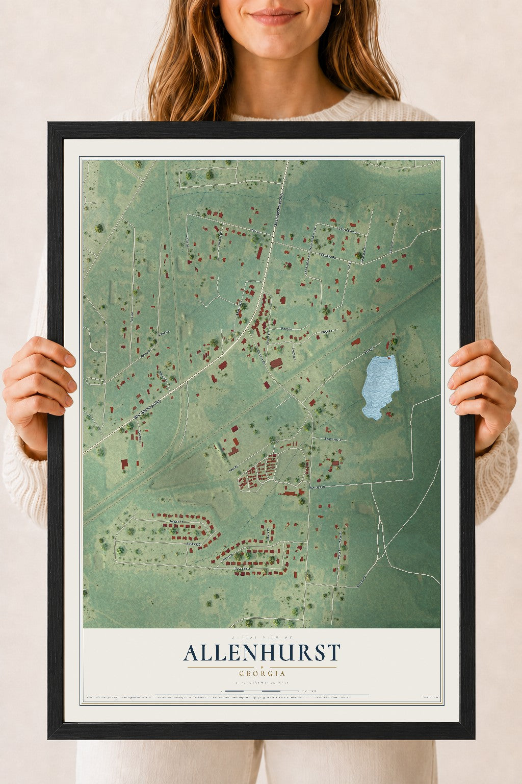 Allenhurst, Georgia map print, 18" x 24" W/ Black Ayous Wood Frame mockup
