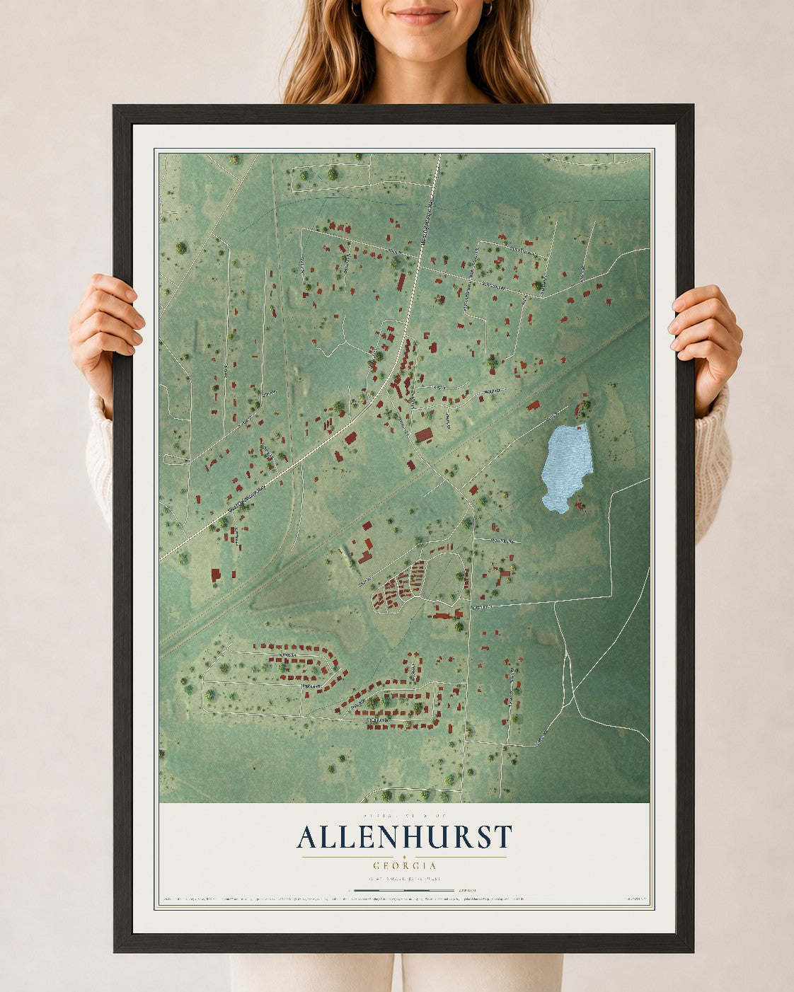 Allenhurst, Georgia map print, 24" x 36" W/ Black Ayous Wood Frame mockup