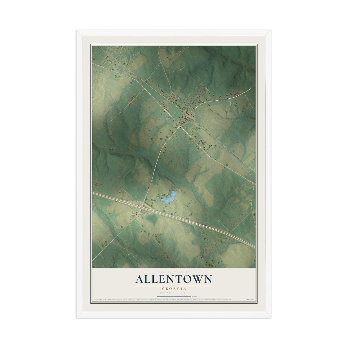 Allentown, Georgia map print, 12" x 18" W/ White Ayous Wood Frame mockup