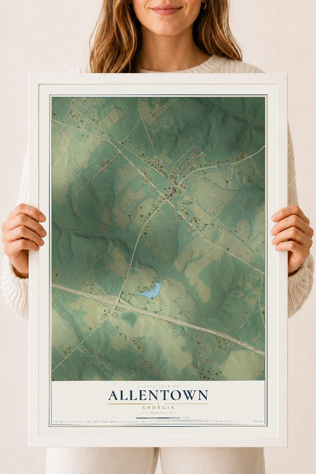 Allentown, Georgia map print, 18" x 24" W/ White Ayous Wood Frame mockup