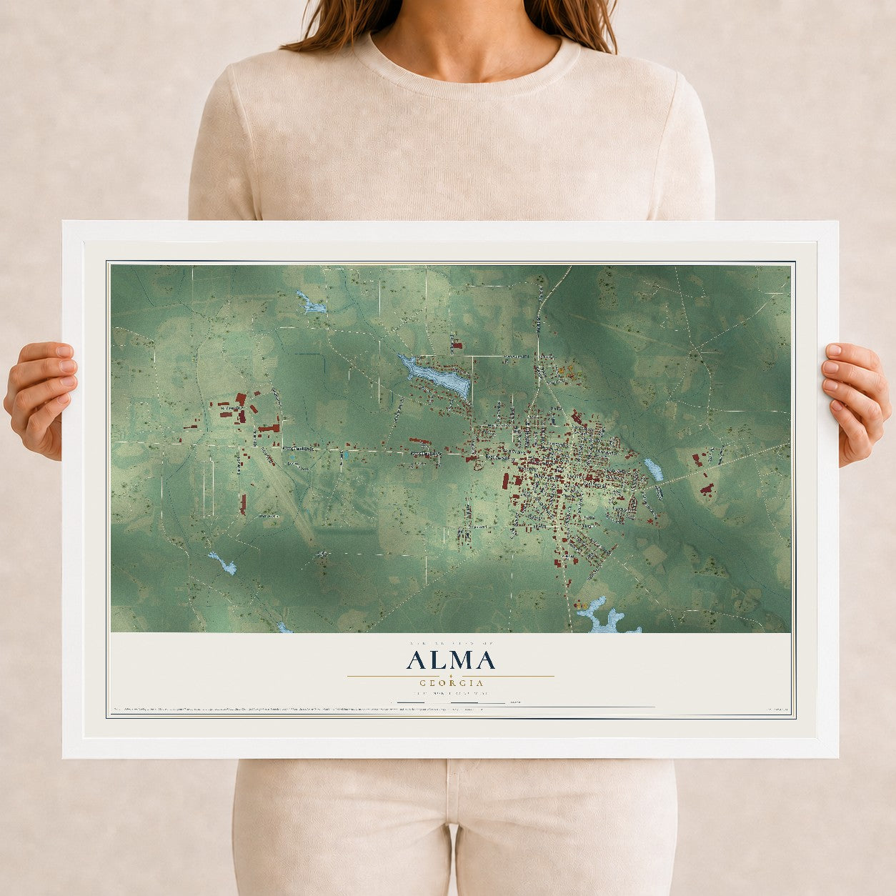 Alma, Georgia map print, 12" x 18" W/ White Ayous Wood Frame mockup