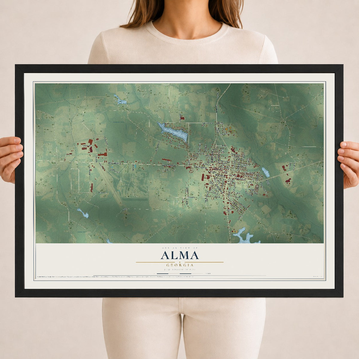 Alma, Georgia map print, 18" x 24" W/ Black Ayous Wood Frame mockup