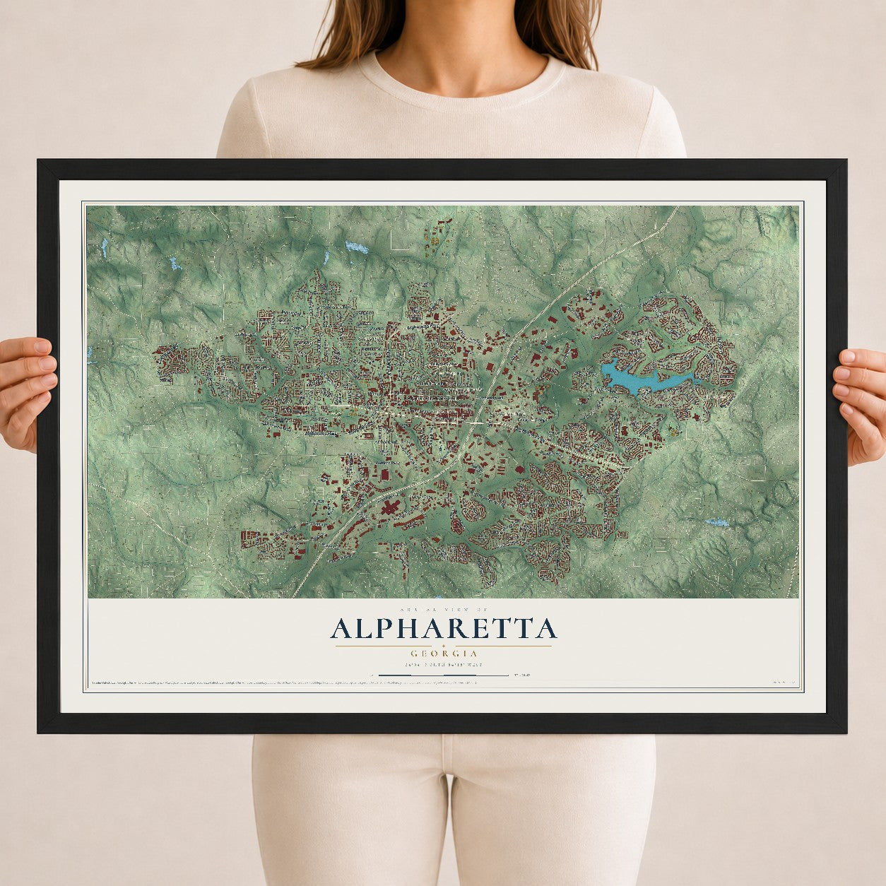 Alpharetta, Georgia map print, 18" x 24" W/ Black Ayous Wood Frame mockup