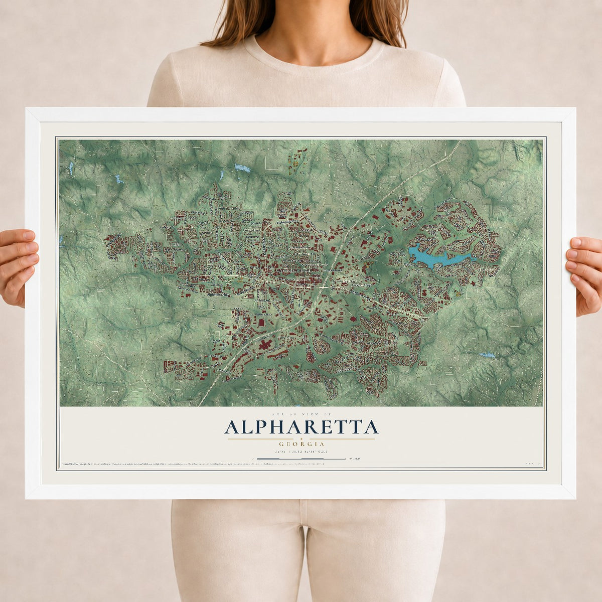Alpharetta, Georgia map print, 18" x 24" W/ White Ayous Wood Frame mockup