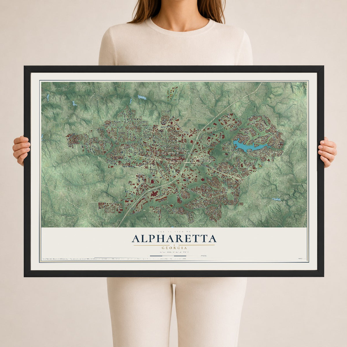 Alpharetta, Georgia map print, 24" x 36" W/ Black Ayous Wood Frame mockup