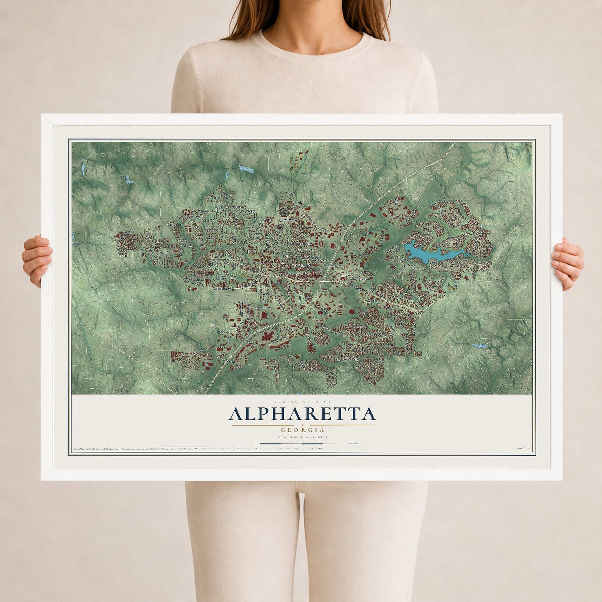 Alpharetta, Georgia map print, 24" x 36" W/ White Ayous Wood Frame mockup