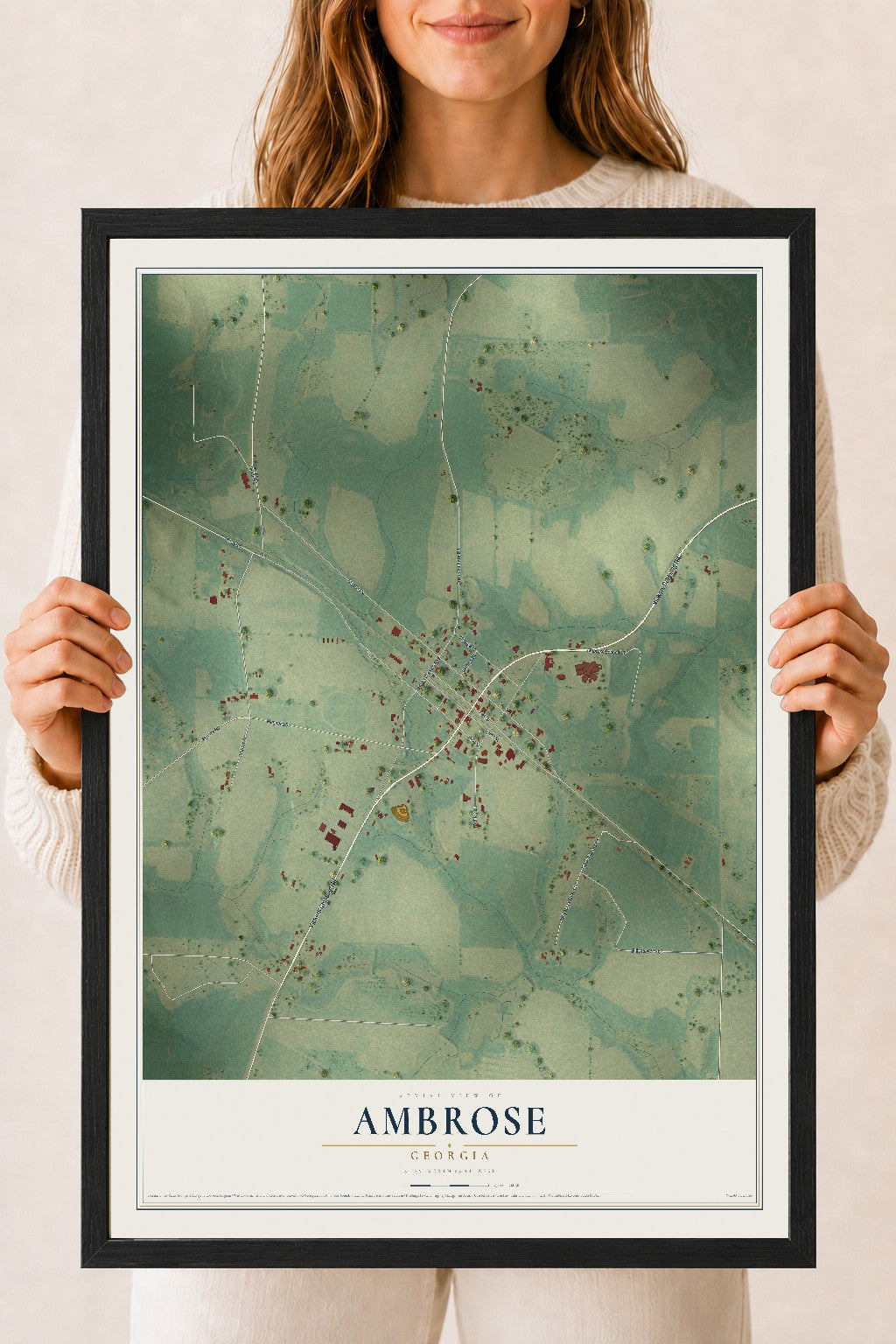 Ambrose, Georgia map print, 18" x 24" W/ Black Ayous Wood Frame mockup