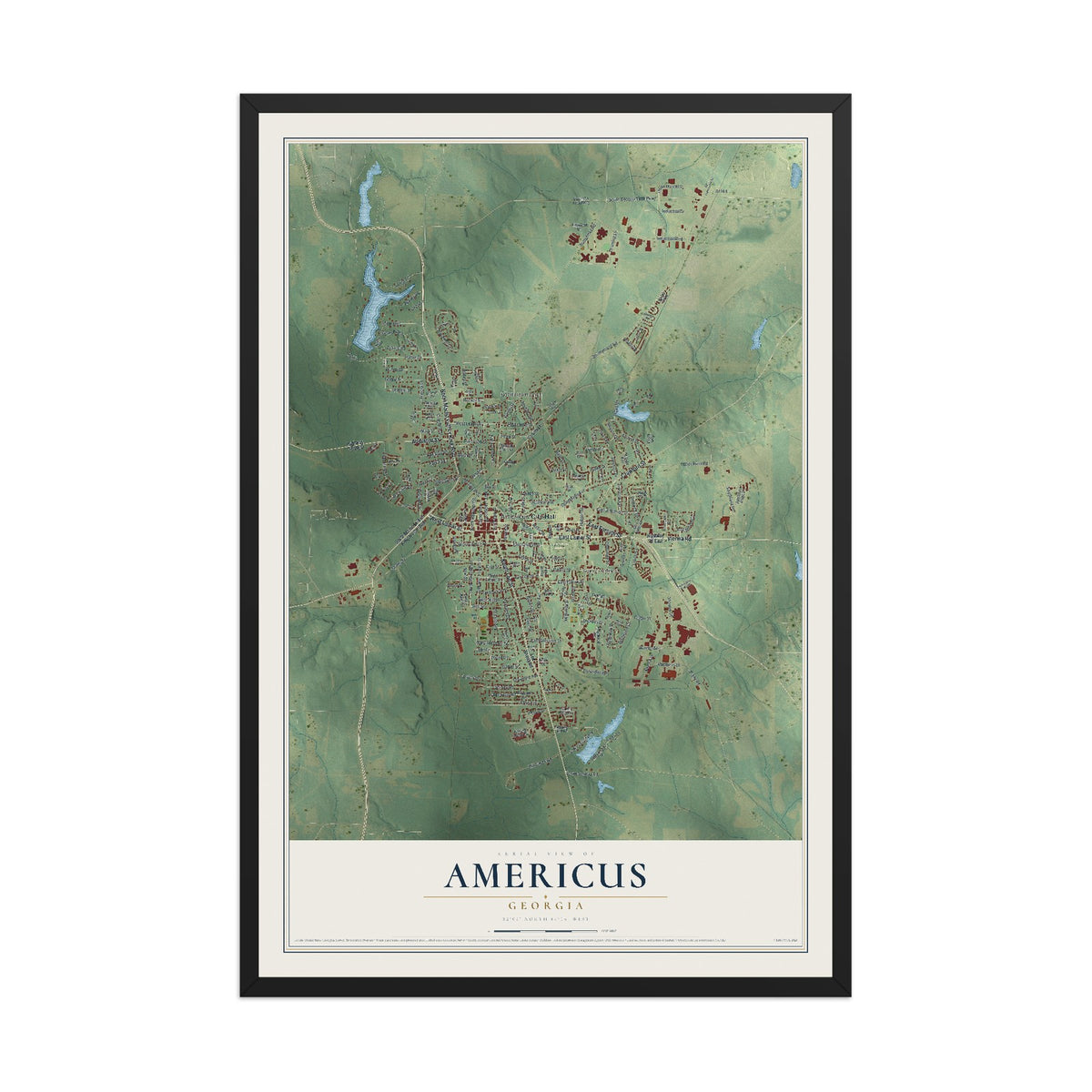 Americus, Georgia map print, 12" x 18" W/ Black Ayous Wood Frame mockup
