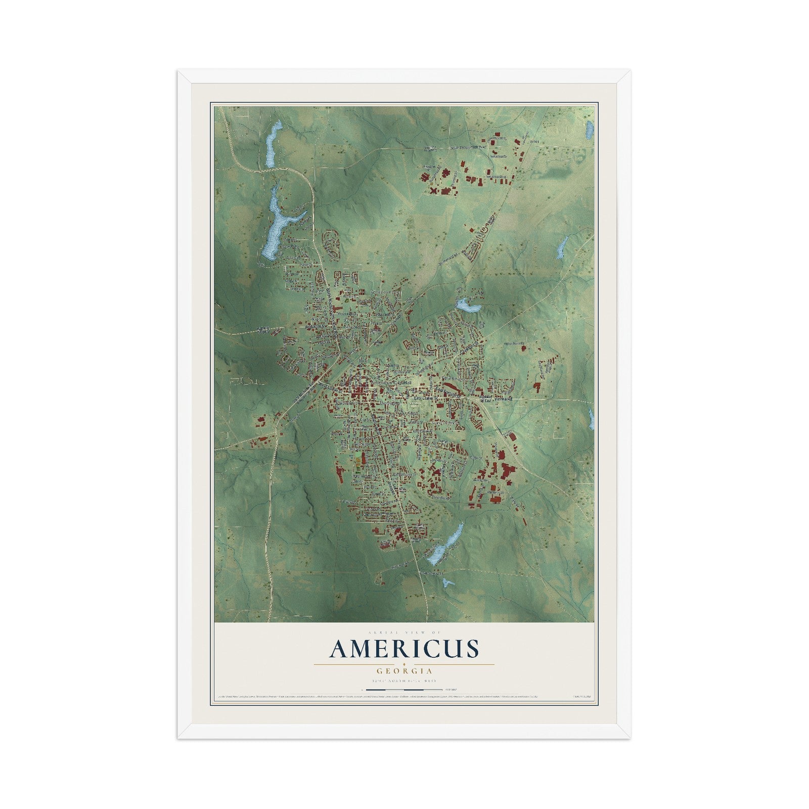 Americus, Georgia map print, 12" x 18" W/ White Ayous Wood Frame mockup