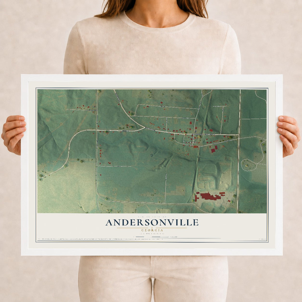 Andersonville, Georgia map print, 12" x 18" W/ White Ayous Wood Frame mockup