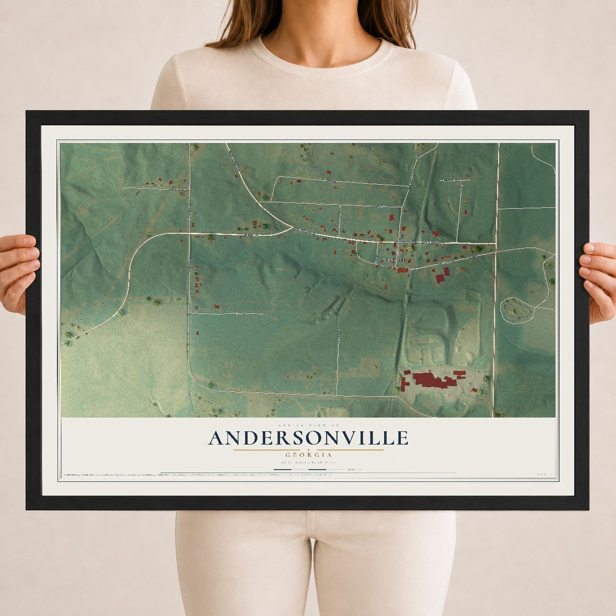 Andersonville, Georgia map print, 18" x 24" W/ Black Ayous Wood Frame mockup