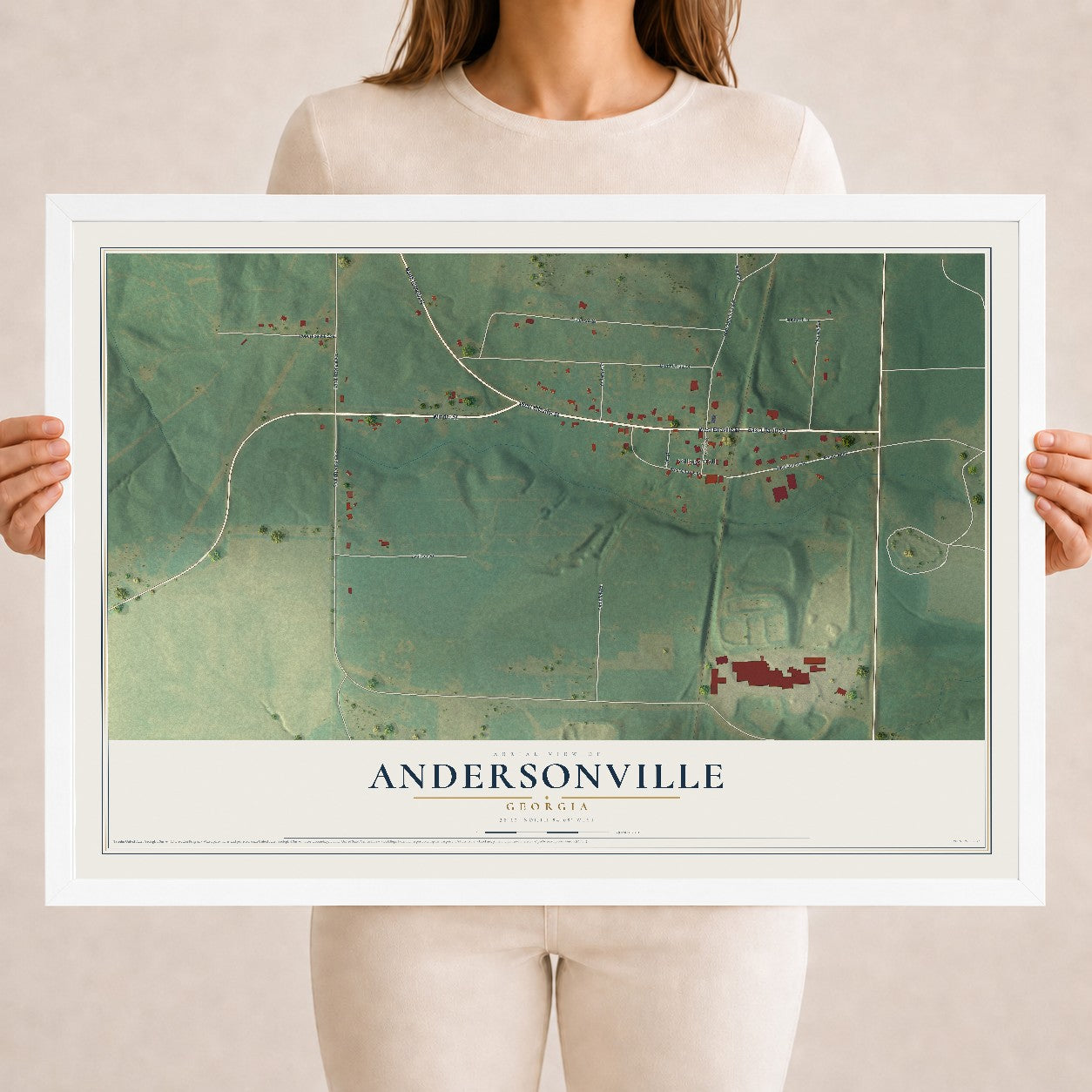 Andersonville, Georgia map print, 18" x 24" W/ White Ayous Wood Frame mockup