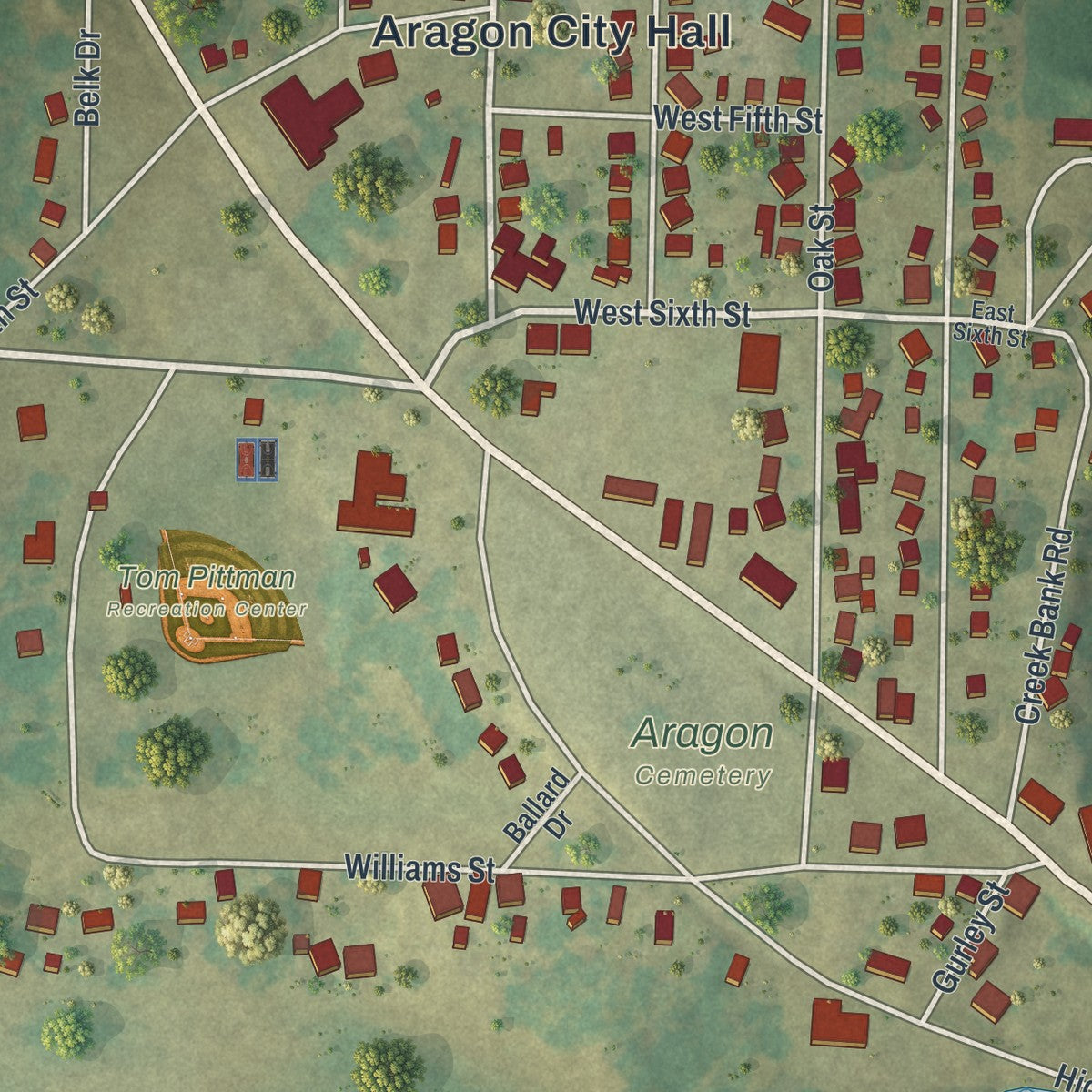 Close-up 1 of the Aragon, Georgia map artwork