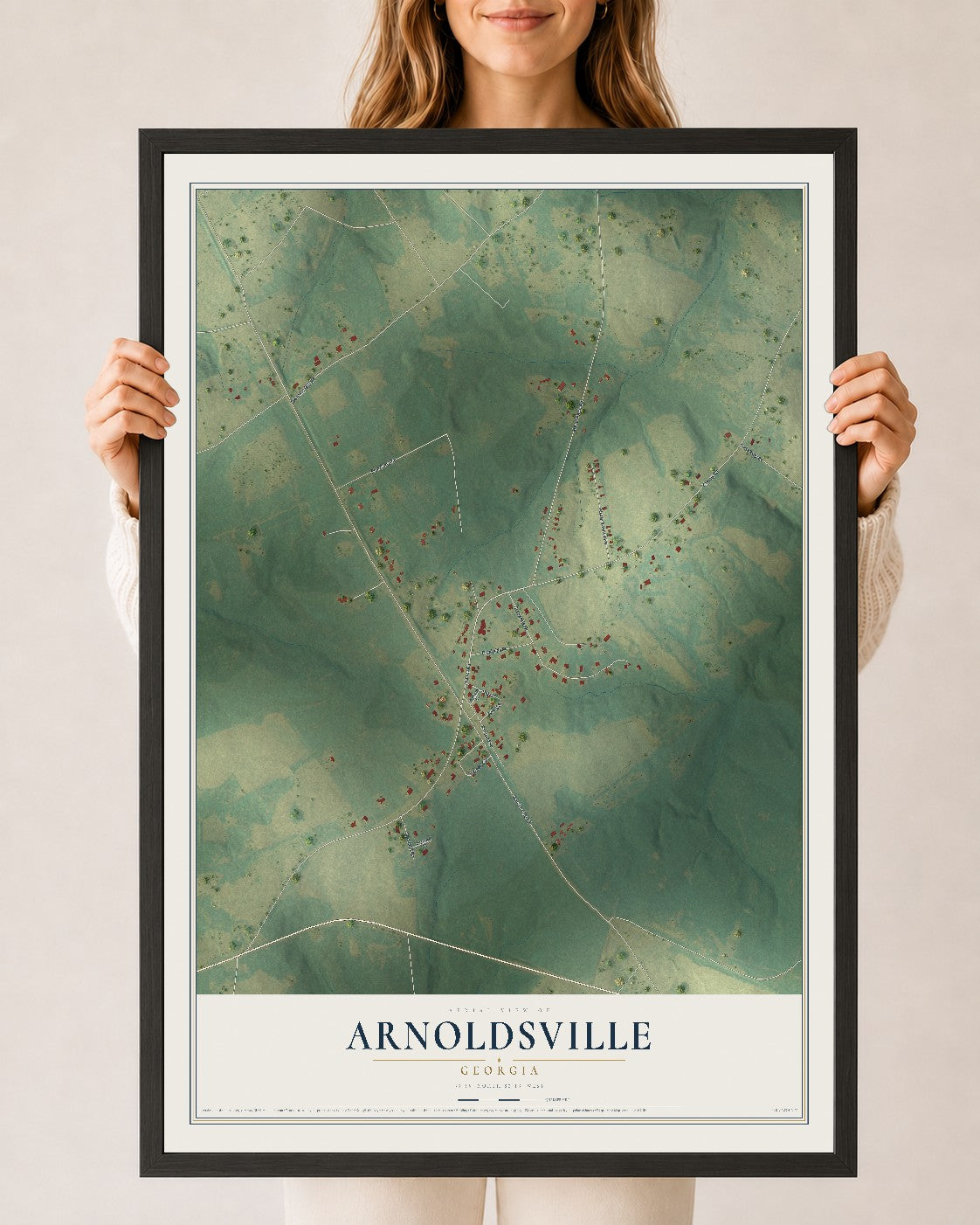 Arnoldsville, Georgia map print, 24" x 36" W/ Black Ayous Wood Frame mockup