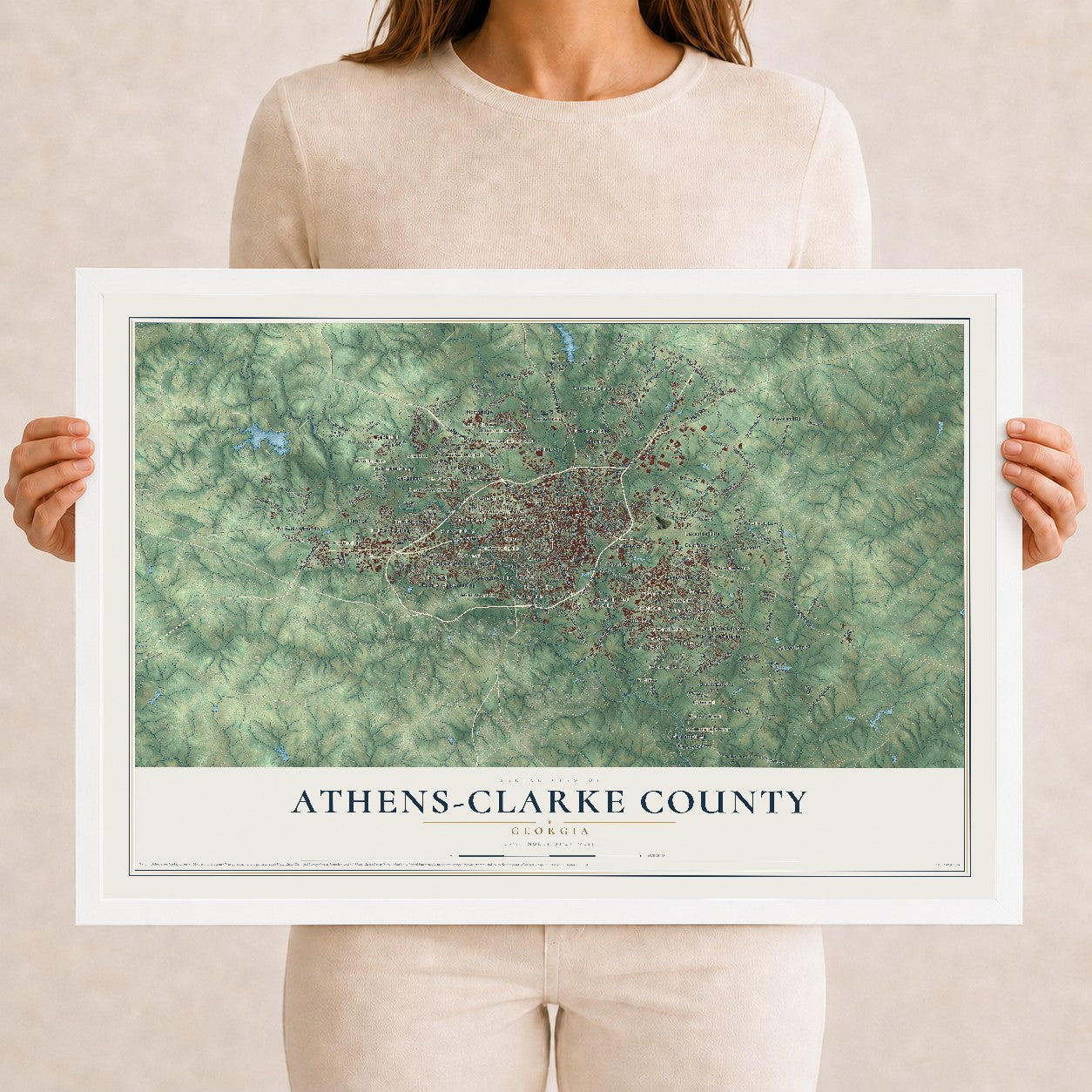 Athens-Clarke County, Georgia map print, 12" x 18" W/ White Ayous Wood Frame mockup