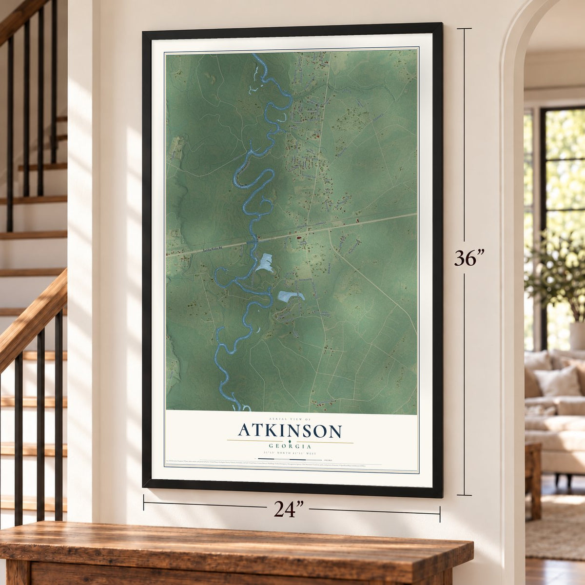 Atkinson, Georgia map, 24 x 36 inch print in a black frame by a staircase