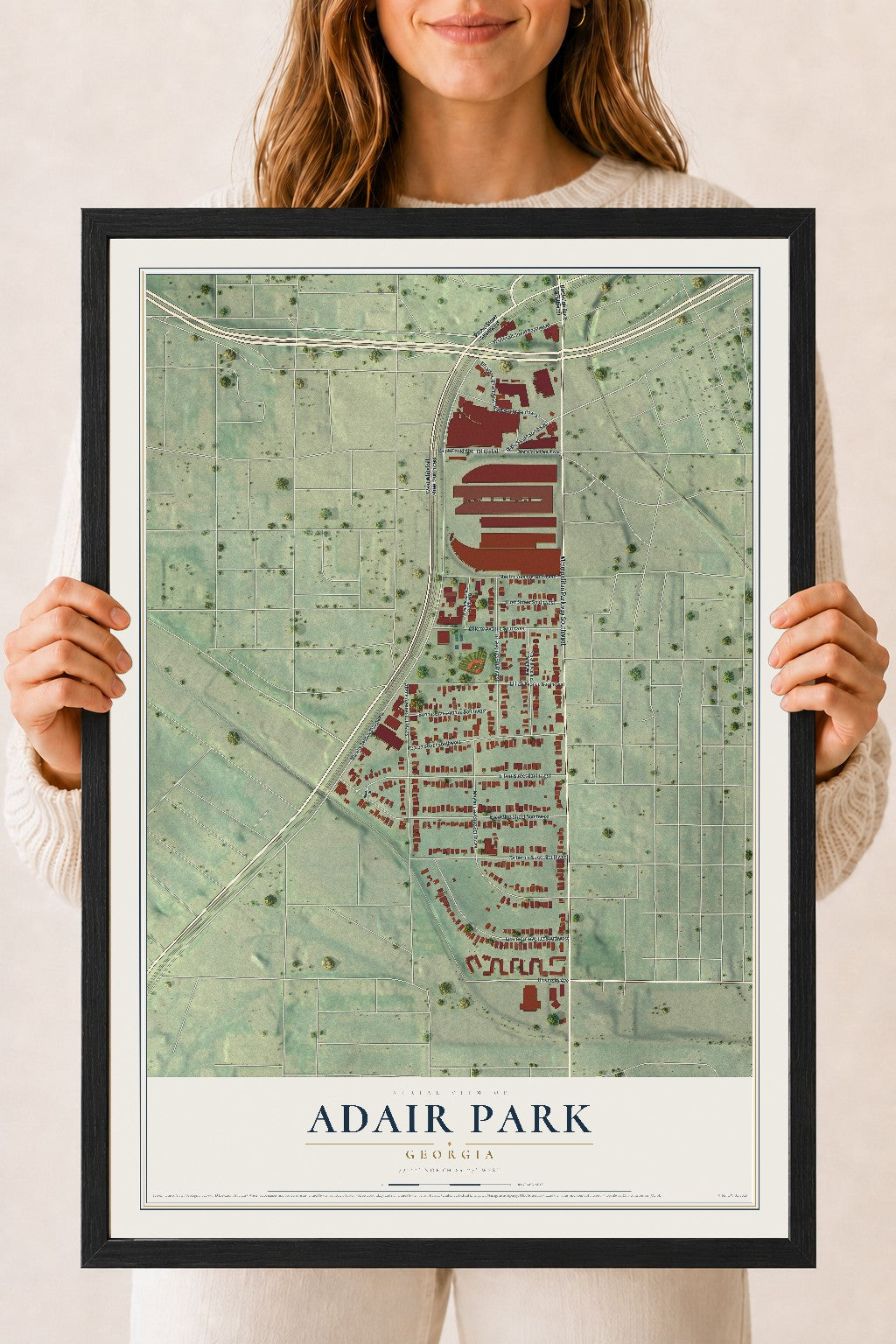 Adair Park, Georgia map print, 18" x 24" W/ Black Ayous Wood Frame mockup