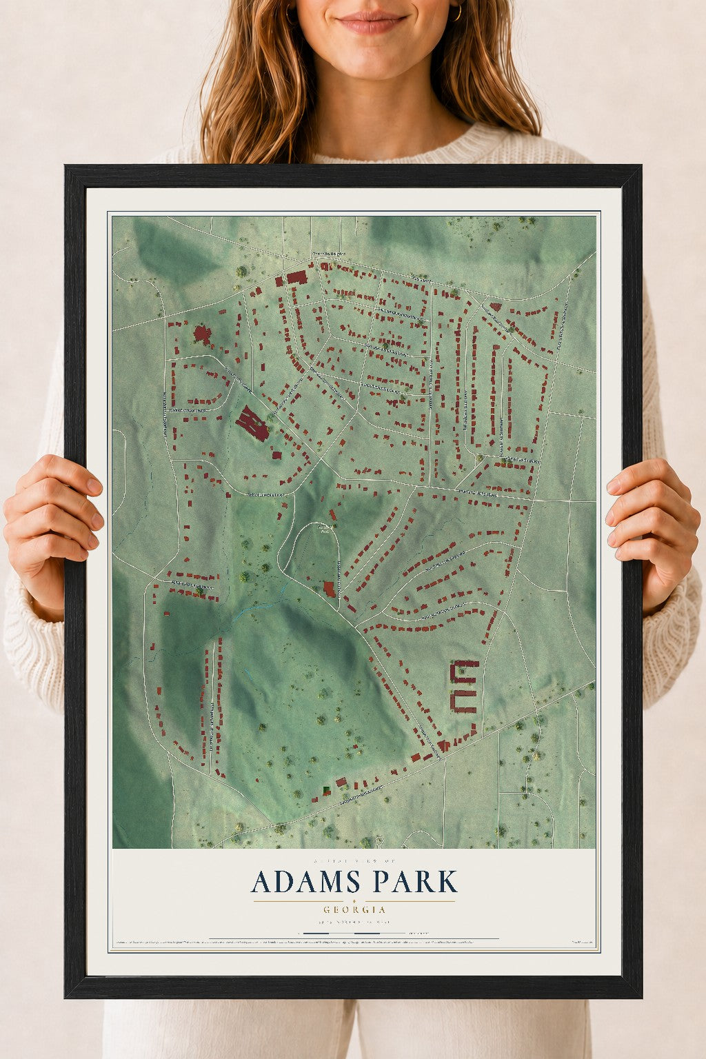 Adams Park, Georgia map print, 18" x 24" W/ Black Ayous Wood Frame mockup