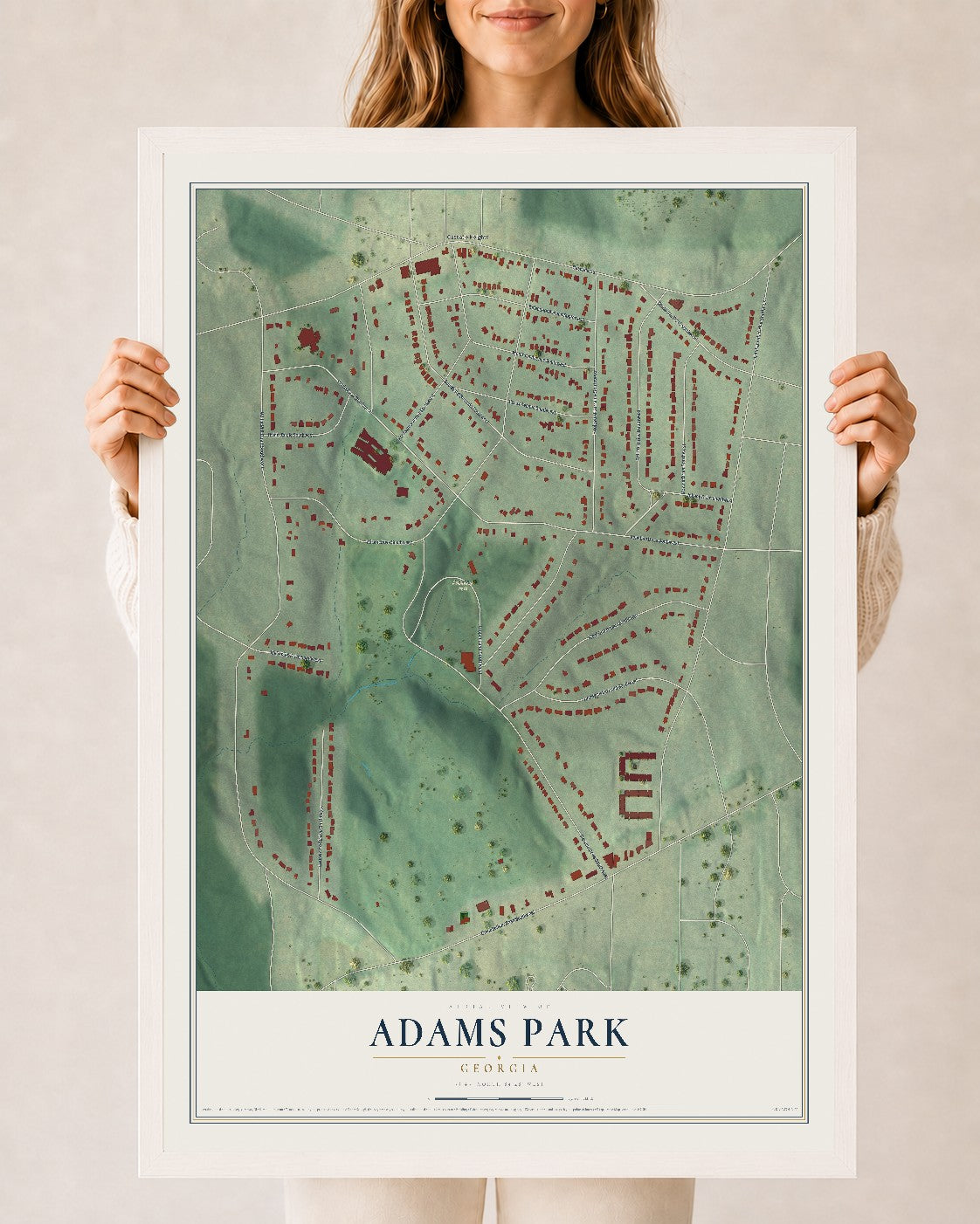 Adams Park, Georgia map print, 24" x 36" W/ White Ayous Wood Frame mockup