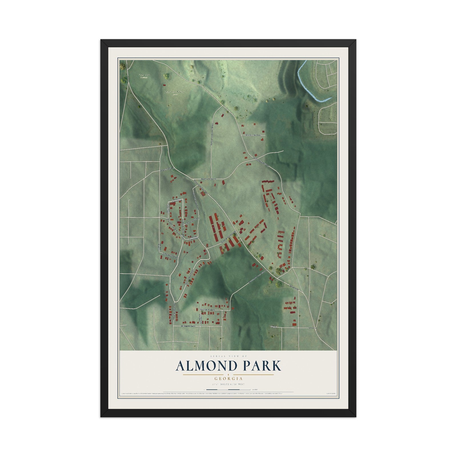 Almond Park, Georgia map print, 12" x 18" W/ Black Ayous Wood Frame mockup
