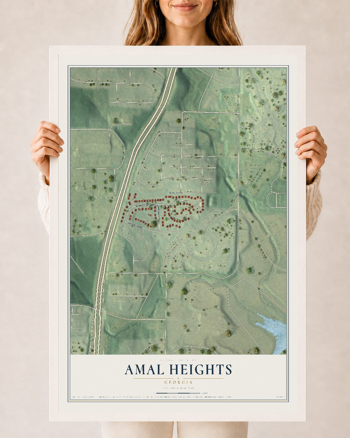 Amal Heights, Georgia map print, 24" x 36" W/ White Ayous Wood Frame mockup