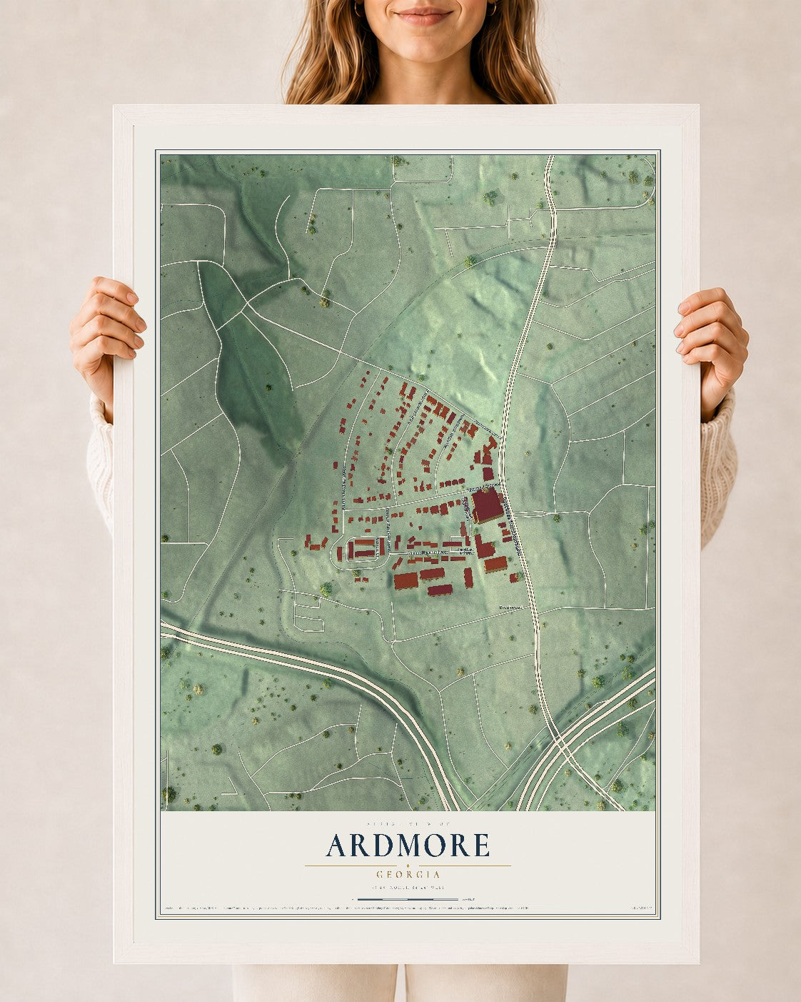 Ardmore, Georgia map print, 24" x 36" W/ White Ayous Wood Frame mockup