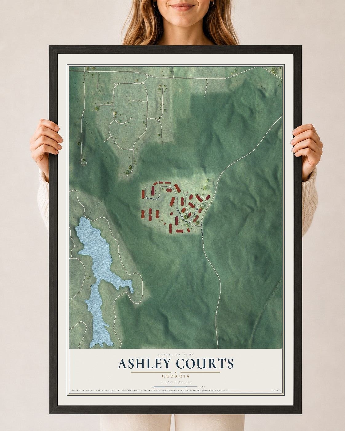 Ashley Courts, Georgia map print, 24" x 36" W/ Black Ayous Wood Frame mockup