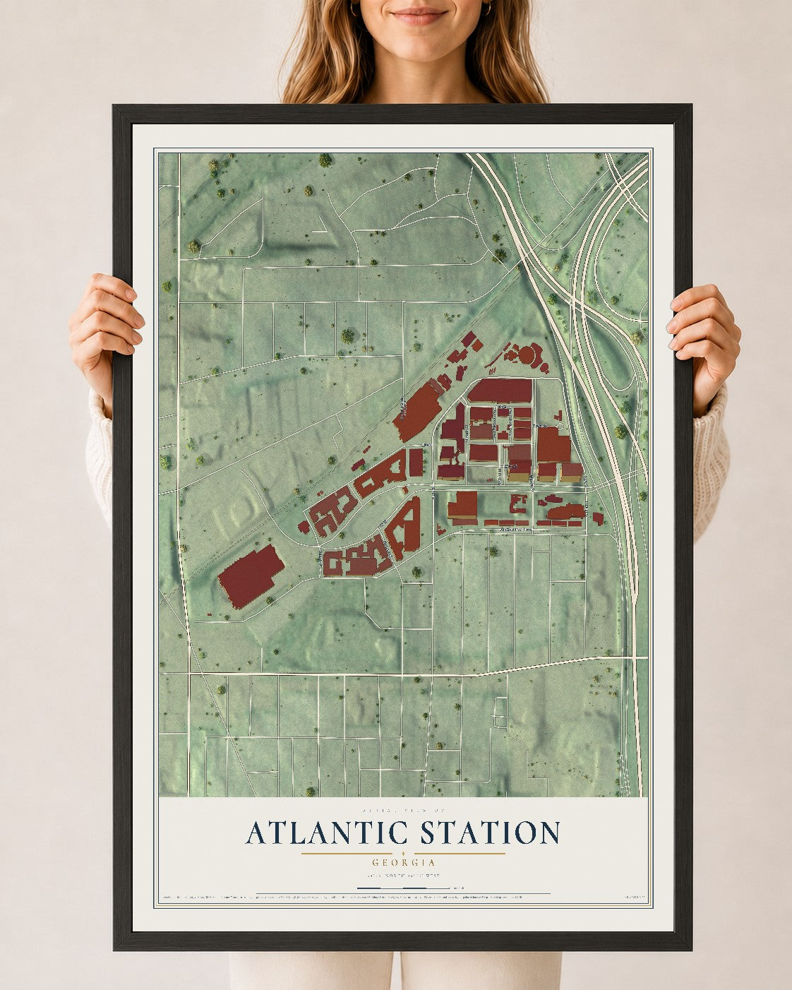 Atlantic Station, Georgia map print, 24" x 36" W/ Black Ayous Wood Frame mockup